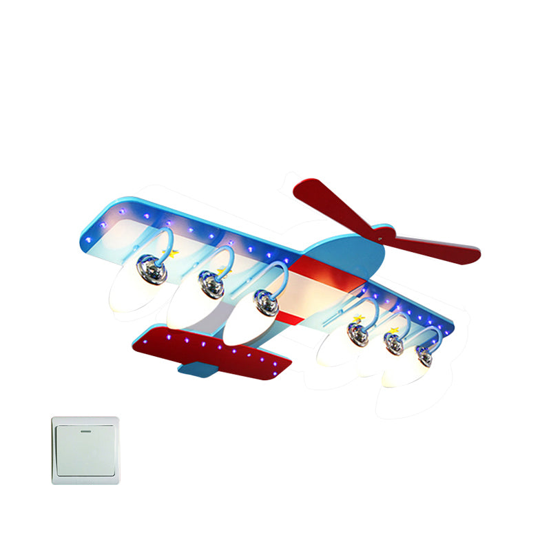 Cartoon Pro Plane Flush Mounted Light Wooden 4 Lights Child Bedroom Flush Mount Ceiling Fixture in Blue Blue 35.5" Clearhalo 'Ceiling Lights' 'Close To Ceiling Lights' 'Close to ceiling' 'Flush mount' Lighting' 2310943