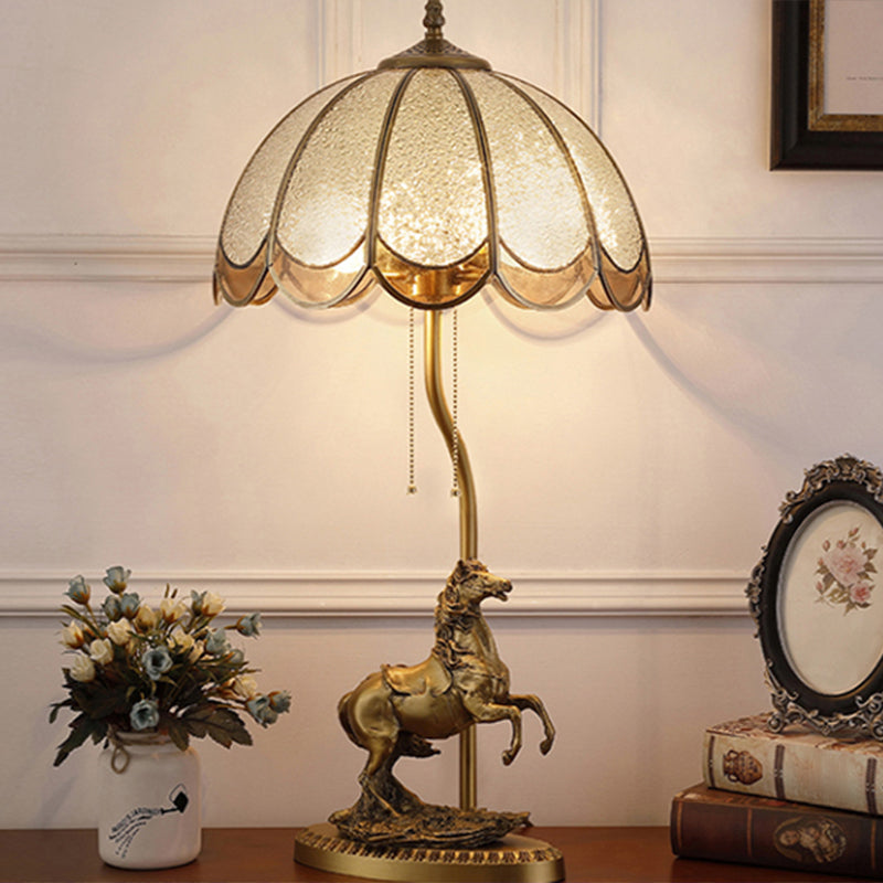 Brass 2-Light Table Light Vintage Water Glass Scalloped Night Lamp with Pull Chain and Horse Deco Clearhalo 'Lamps' 'Table Lamps' Lighting' 2310978