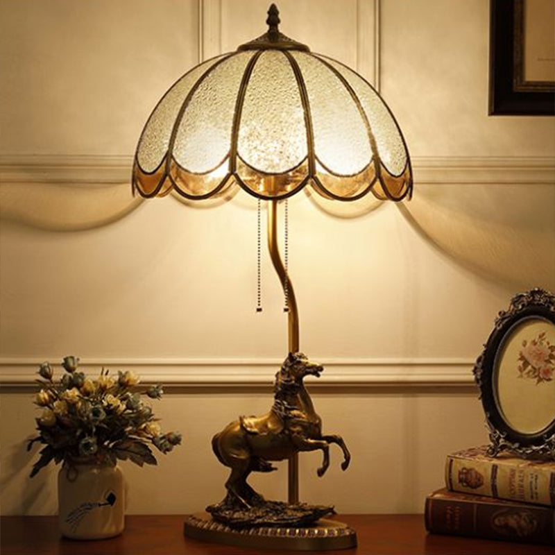 Brass 2-Light Table Light Vintage Water Glass Scalloped Night Lamp with Pull Chain and Horse Deco Clearhalo 'Lamps' 'Table Lamps' Lighting' 2310979