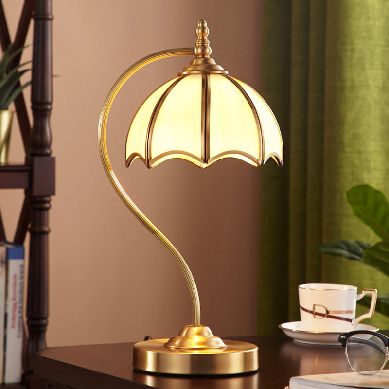 Simplicity Umbrella Shaped Table Lamp 1 Head Frosted Glass Night Lighting with Gooseneck Arm in Brass Clearhalo 'Lamps' 'Table Lamps' Lighting' 2310984