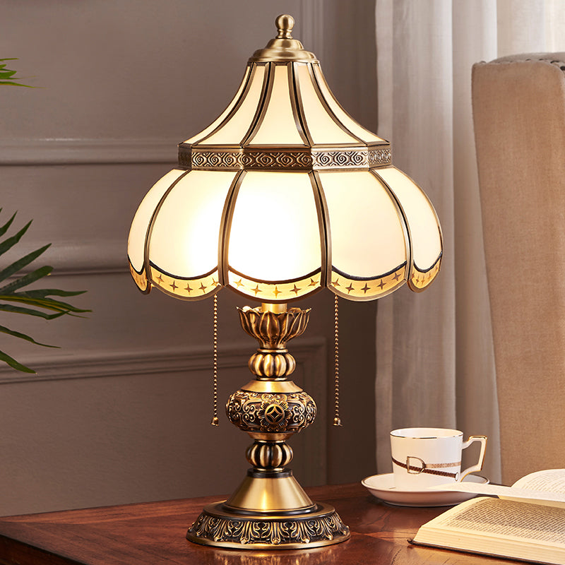 Brass Scalloped Night Stand Lamp Traditional White Glass 2-Bulb Bedroom Table Light with Pull Chain Switch Clearhalo 'Lamps' 'Table Lamps' Lighting' 2310989
