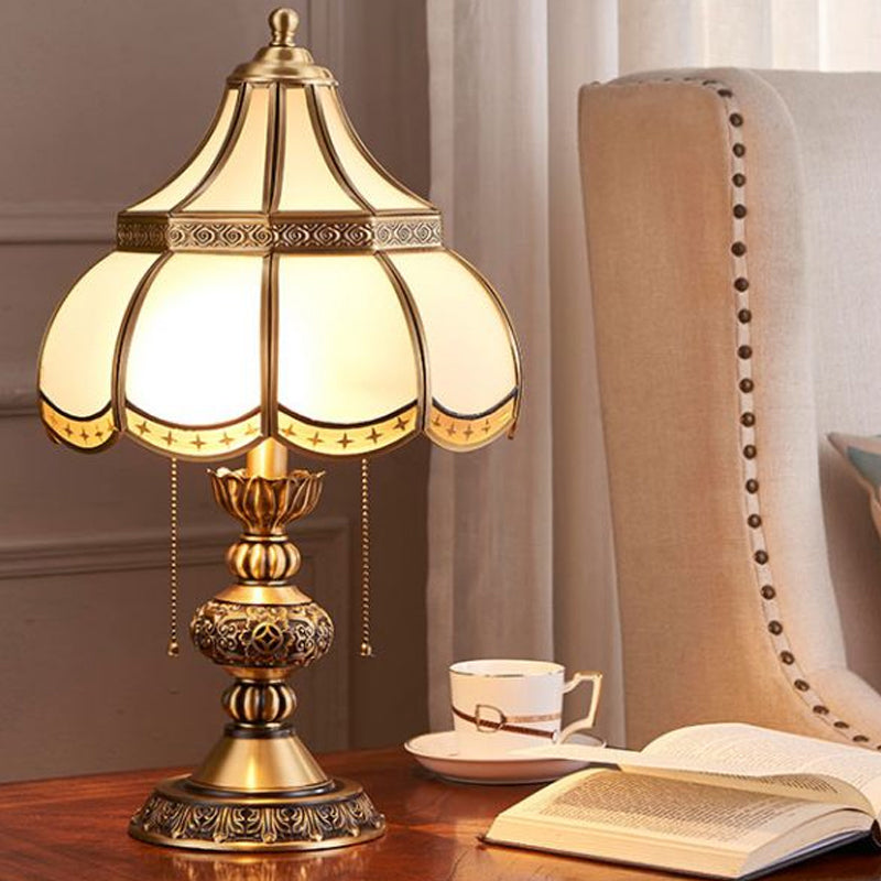 Brass Scalloped Night Stand Lamp Traditional White Glass 2-Bulb Bedroom Table Light with Pull Chain Switch Brass Clearhalo 'Lamps' 'Table Lamps' Lighting' 2310990