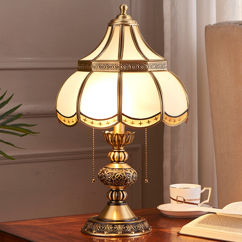 Brass Scalloped Night Stand Lamp Traditional White Glass 2-Bulb Bedroom Table Light with Pull Chain Switch Clearhalo 'Lamps' 'Table Lamps' Lighting' 2310991