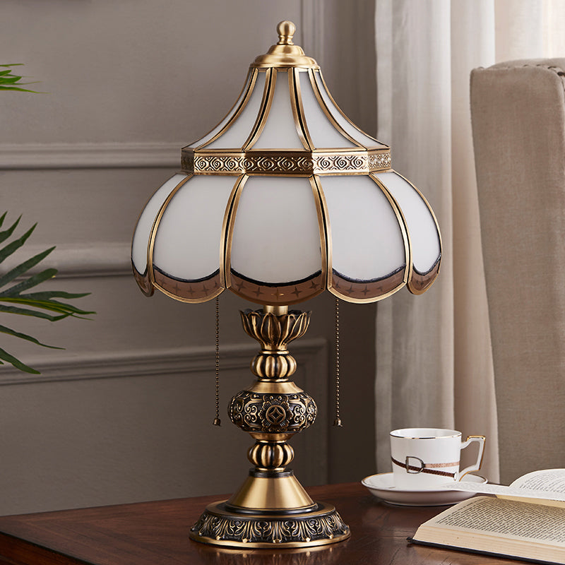 Brass Scalloped Night Stand Lamp Traditional White Glass 2-Bulb Bedroom Table Light with Pull Chain Switch Clearhalo 'Lamps' 'Table Lamps' Lighting' 2310992