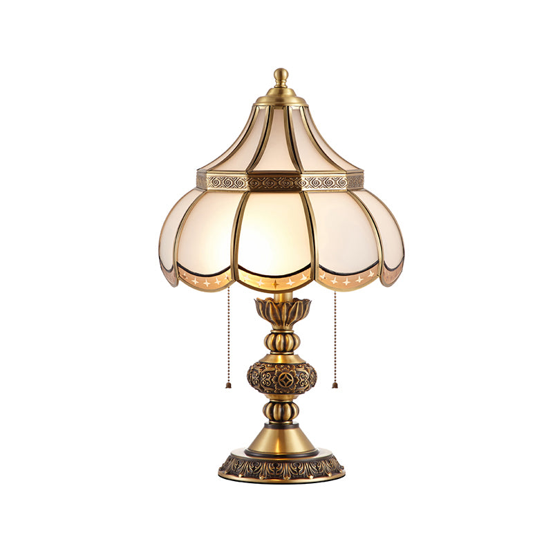 Brass Scalloped Night Stand Lamp Traditional White Glass 2-Bulb Bedroom Table Light with Pull Chain Switch Clearhalo 'Lamps' 'Table Lamps' Lighting' 2310993