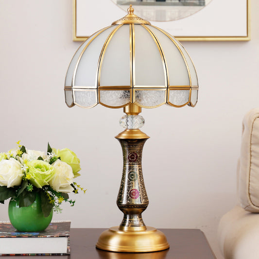 Single Dome Night Table Lamp Traditional Brass Opal Glass Nightstand Light with Scalloped Trim Brass Clearhalo 'Lamps' 'Table Lamps' Lighting' 2310995