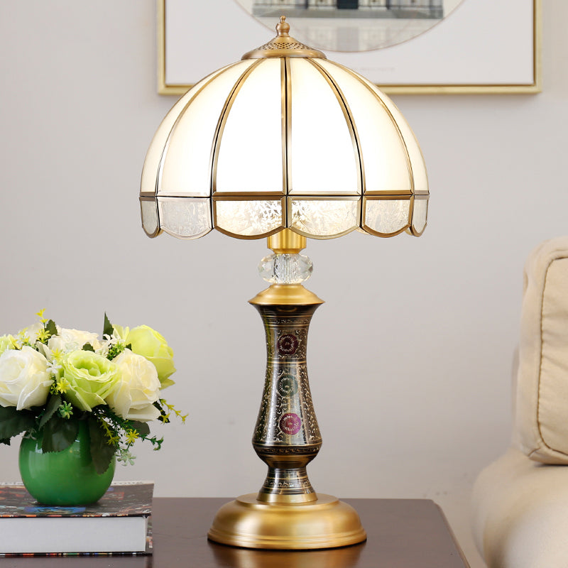 Single Dome Night Table Lamp Traditional Brass Opal Glass Nightstand Light with Scalloped Trim Clearhalo 'Lamps' 'Table Lamps' Lighting' 2310996