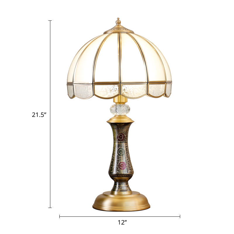 Single Dome Night Table Lamp Traditional Brass Opal Glass Nightstand Light with Scalloped Trim Clearhalo 'Lamps' 'Table Lamps' Lighting' 2310997