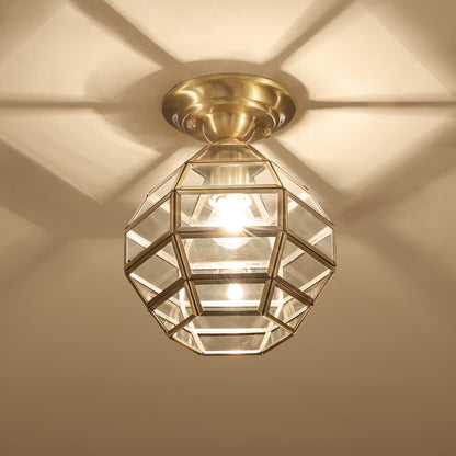 1 Head Clear Glass Pane Flush Light Vintage Gold Six-Sided Globe Aisle Semi Flush Mount Ceiling Fixture Gold Clearhalo 'Ceiling Lights' 'Close To Ceiling Lights' 'Close to ceiling' 'Semi-flushmount' Lighting' 2311001