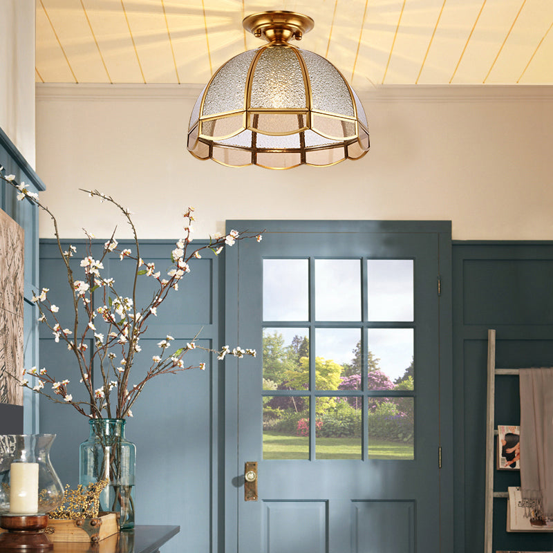 Hemispherical Foyer Ceiling Fixture Traditional Seedy Glass 1-Light Semi Flush Light with Scalloped Edge Clearhalo 'Ceiling Lights' 'Close To Ceiling Lights' 'Close to ceiling' 'Semi-flushmount' Lighting' 2311006