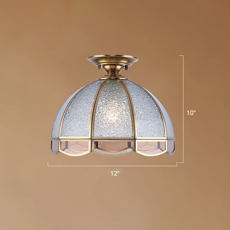 Hemispherical Foyer Ceiling Fixture Traditional Seedy Glass 1-Light Semi Flush Light with Scalloped Edge Bronze 12" Clearhalo 'Ceiling Lights' 'Close To Ceiling Lights' 'Close to ceiling' 'Semi-flushmount' Lighting' 2311008