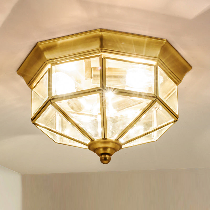 3 Lights Flush Mounted Fixture Traditional Foyer Ceiling Light with Octagon Glass Shade in Gold Gold Clear Glass Clearhalo 'Ceiling Lights' 'Close To Ceiling Lights' 'Close to ceiling' 'Flush mount' Lighting' 2311015