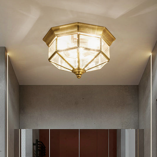 3 Lights Flush Mounted Fixture Traditional Foyer Ceiling Light with Octagon Glass Shade in Gold Clearhalo 'Ceiling Lights' 'Close To Ceiling Lights' 'Close to ceiling' 'Flush mount' Lighting' 2311017