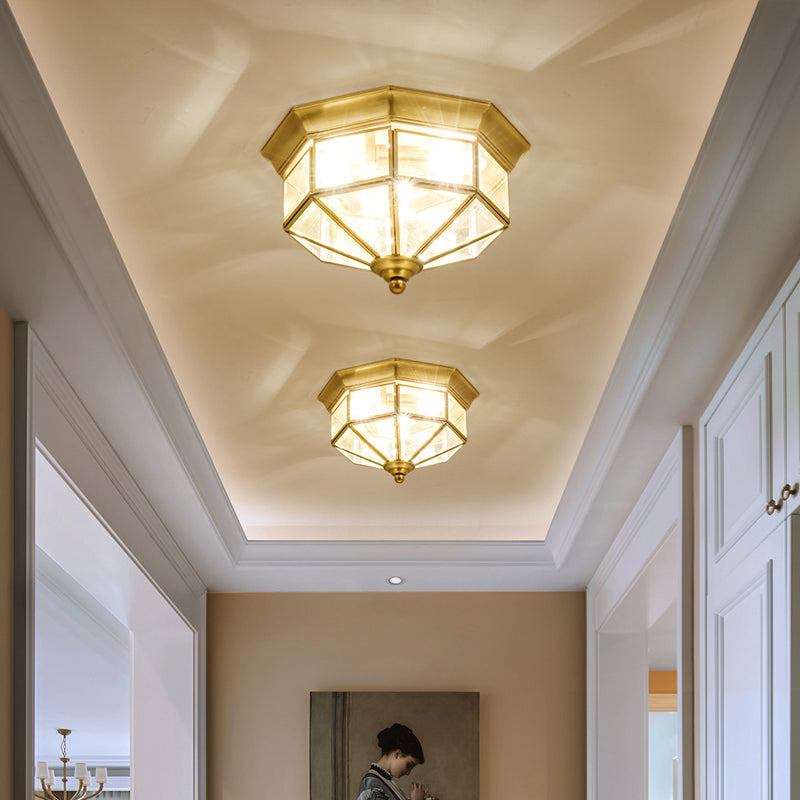 3 Lights Flush Mounted Fixture Traditional Foyer Ceiling Light with Octagon Glass Shade in Gold Clearhalo 'Ceiling Lights' 'Close To Ceiling Lights' 'Close to ceiling' 'Flush mount' Lighting' 2311018