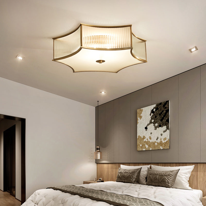 Gold Hexagram Flushmount Ceiling Lamp Simplicity Clear Rib Glass Bedroom Flush Light Clearhalo 'Ceiling Lights' 'Close To Ceiling Lights' 'Close to ceiling' 'Flush mount' Lighting' 2311067