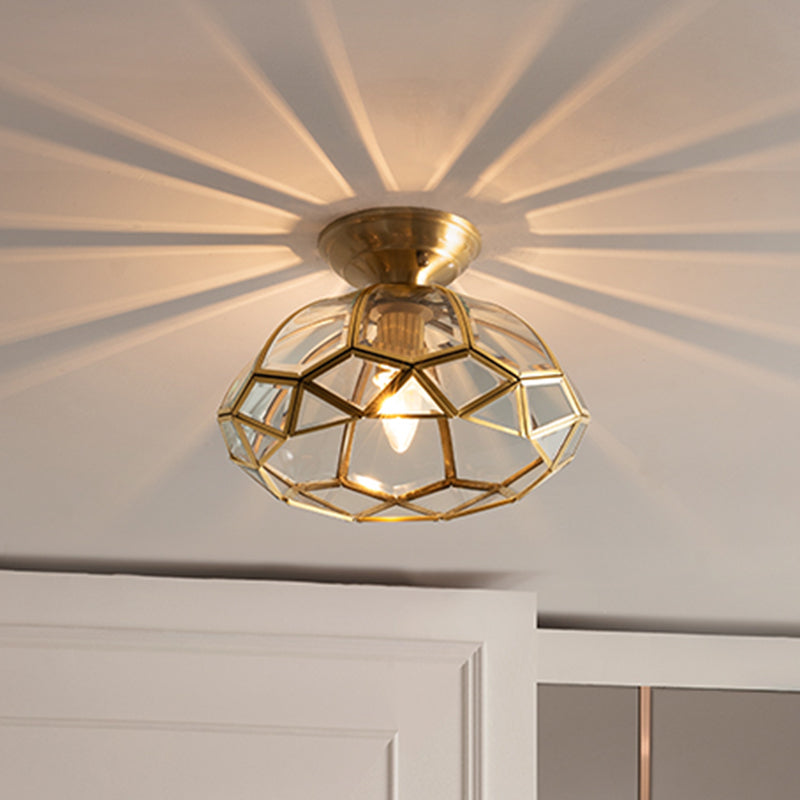 Traditional Bowl Shaped Ceiling Fixture 1-Light Clear Glass Semi Mount Lighting in Brass Clearhalo 'Ceiling Lights' 'Close To Ceiling Lights' 'Close to ceiling' 'Semi-flushmount' Lighting' 2311246
