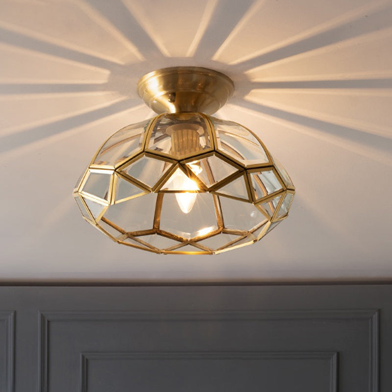 Traditional Bowl Shaped Ceiling Fixture 1-Light Clear Glass Semi Mount Lighting in Brass Clearhalo 'Ceiling Lights' 'Close To Ceiling Lights' 'Close to ceiling' 'Semi-flushmount' Lighting' 2311248