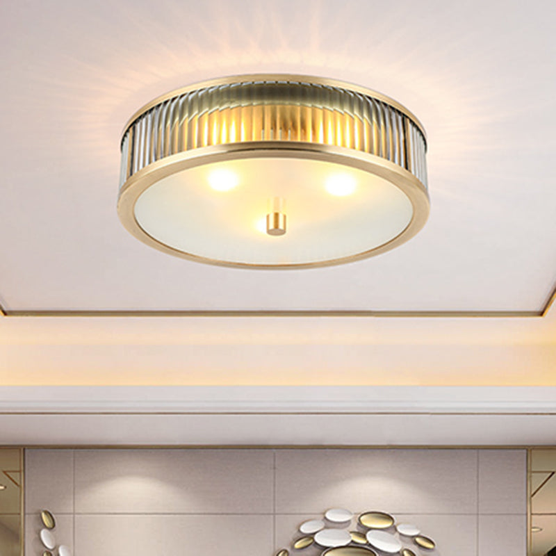 Simplicity Drum Shaped Flush Mount Lamp Clear Ribbed Glass Ceiling Light in Brass for Bedroom Clearhalo 'Ceiling Lights' 'Close To Ceiling Lights' 'Close to ceiling' 'Flush mount' Lighting' 2311259