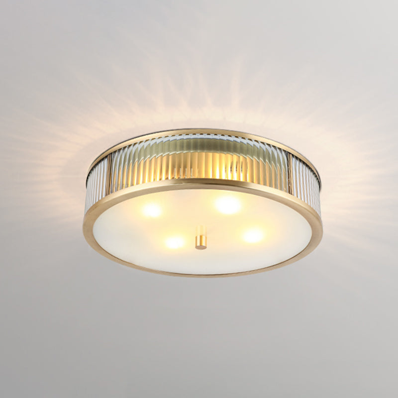 Simplicity Drum Shaped Flush Mount Lamp Clear Ribbed Glass Ceiling Light in Brass for Bedroom 4 Clear Clearhalo 'Ceiling Lights' 'Close To Ceiling Lights' 'Close to ceiling' 'Flush mount' Lighting' 2311260