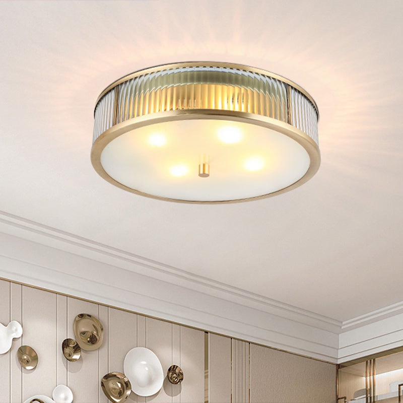 Simplicity Drum Shaped Flush Mount Lamp Clear Ribbed Glass Ceiling Light in Brass for Bedroom Clearhalo 'Ceiling Lights' 'Close To Ceiling Lights' 'Close to ceiling' 'Flush mount' Lighting' 2311262