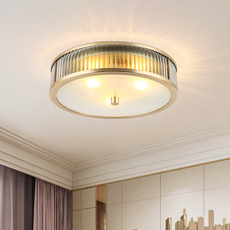 Simplicity Drum Shaped Flush Mount Lamp Clear Ribbed Glass Ceiling Light in Brass for Bedroom Clearhalo 'Ceiling Lights' 'Close To Ceiling Lights' 'Close to ceiling' 'Flush mount' Lighting' 2311263
