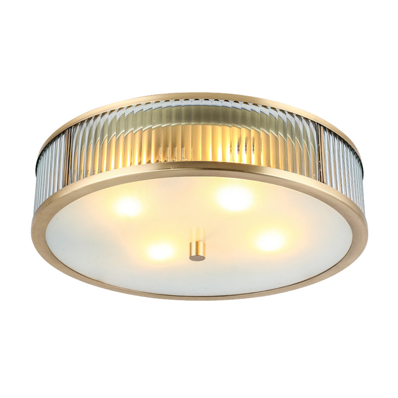 Simplicity Drum Shaped Flush Mount Lamp Clear Ribbed Glass Ceiling Light in Brass for Bedroom Clearhalo 'Ceiling Lights' 'Close To Ceiling Lights' 'Close to ceiling' 'Flush mount' Lighting' 2311264
