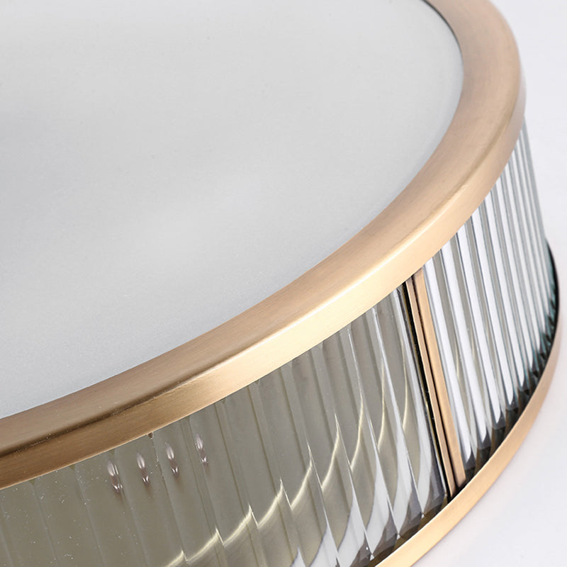 Simplicity Drum Shaped Flush Mount Lamp Clear Ribbed Glass Ceiling Light in Brass for Bedroom Clearhalo 'Ceiling Lights' 'Close To Ceiling Lights' 'Close to ceiling' 'Flush mount' Lighting' 2311265