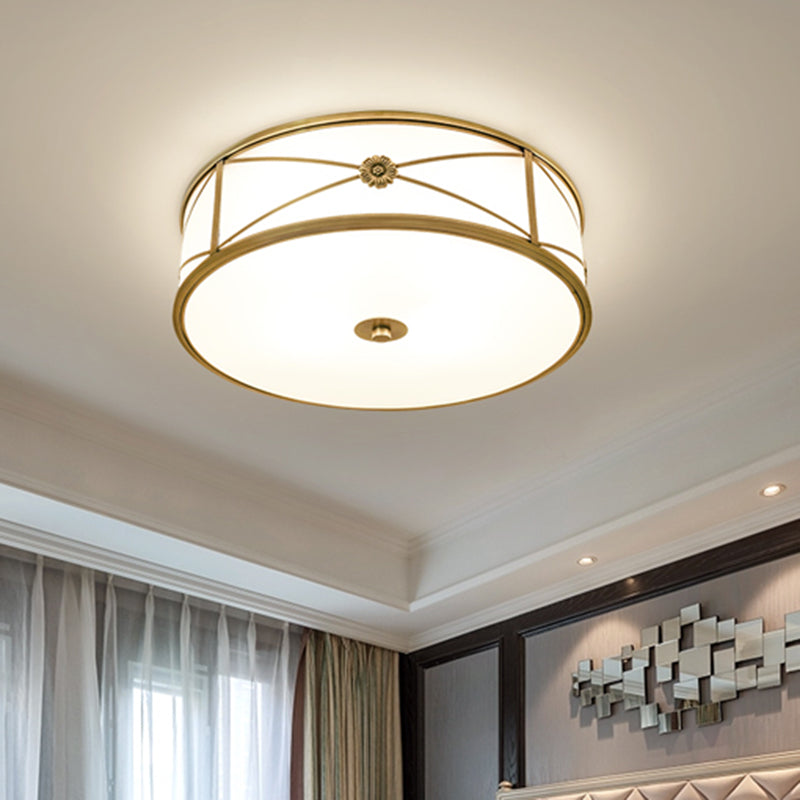 Drum Shaped Flush Mount Light Minimalist Brass White Glass Ceiling Lamp for Bedroom Clearhalo 'Ceiling Lights' 'Close To Ceiling Lights' 'Close to ceiling' 'Flush mount' Lighting' 2311273