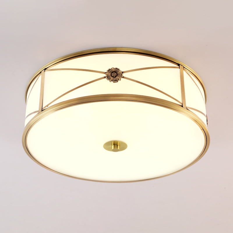 Drum Shaped Flush Mount Light Minimalist Brass White Glass Ceiling Lamp for Bedroom White 18" Clearhalo 'Ceiling Lights' 'Close To Ceiling Lights' 'Close to ceiling' 'Flush mount' Lighting' 2311274