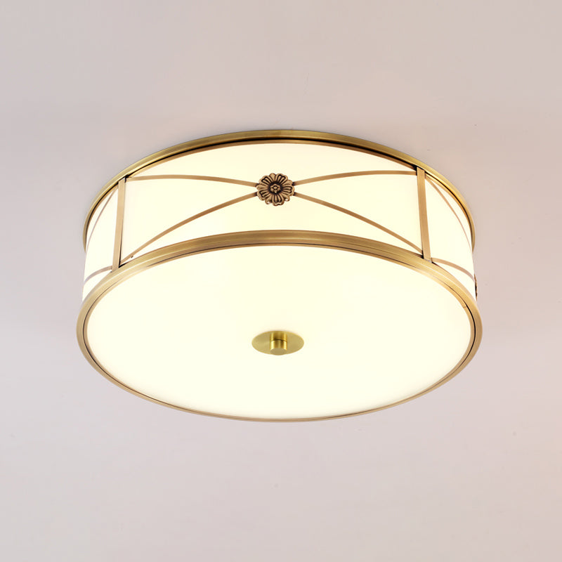Drum Shaped Flush Mount Light Minimalist Brass White Glass Ceiling Lamp for Bedroom White 14" Clearhalo 'Ceiling Lights' 'Close To Ceiling Lights' 'Close to ceiling' 'Flush mount' Lighting' 2311275