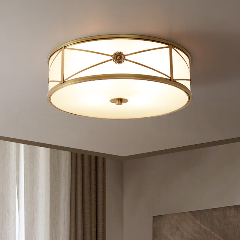Drum Shaped Flush Mount Light Minimalist Brass White Glass Ceiling Lamp for Bedroom Clearhalo 'Ceiling Lights' 'Close To Ceiling Lights' 'Close to ceiling' 'Flush mount' Lighting' 2311276
