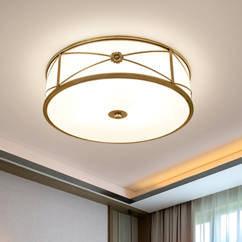 Drum Shaped Flush Mount Light Minimalist Brass White Glass Ceiling Lamp for Bedroom Clearhalo 'Ceiling Lights' 'Close To Ceiling Lights' 'Close to ceiling' 'Flush mount' Lighting' 2311277