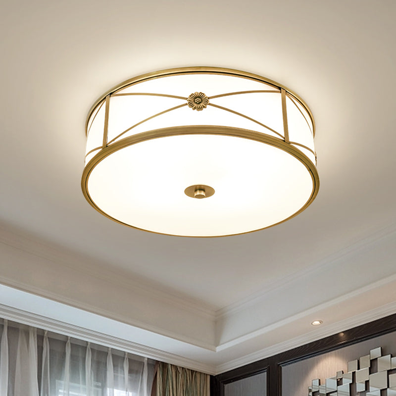 Drum Shaped Flush Mount Light Minimalist Brass White Glass Ceiling Lamp for Bedroom Clearhalo 'Ceiling Lights' 'Close To Ceiling Lights' 'Close to ceiling' 'Flush mount' Lighting' 2311278