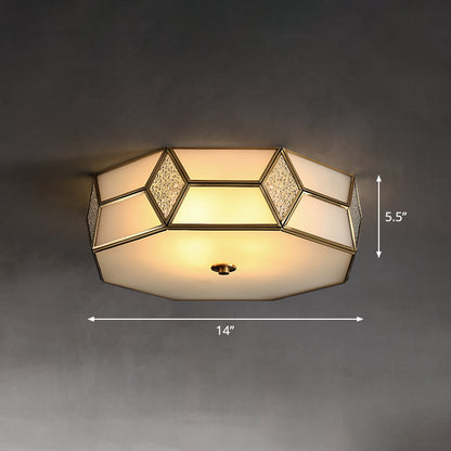 Octagon Bedroom Flush Light Fixture Minimalistic Textured White Glass Brass Ceiling Mount Light White 14" Clearhalo 'Ceiling Lights' 'Close To Ceiling Lights' 'Close to ceiling' 'Flush mount' Lighting' 2311289