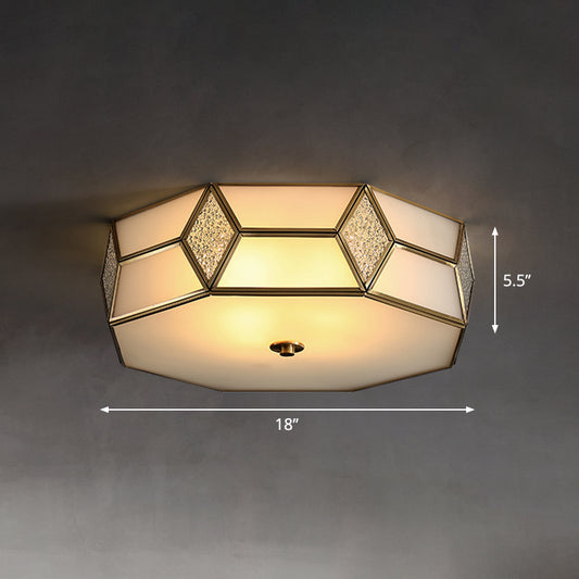 Octagon Bedroom Flush Light Fixture Minimalistic Textured White Glass Brass Ceiling Mount Light White 18" Clearhalo 'Ceiling Lights' 'Close To Ceiling Lights' 'Close to ceiling' 'Flush mount' Lighting' 2311290