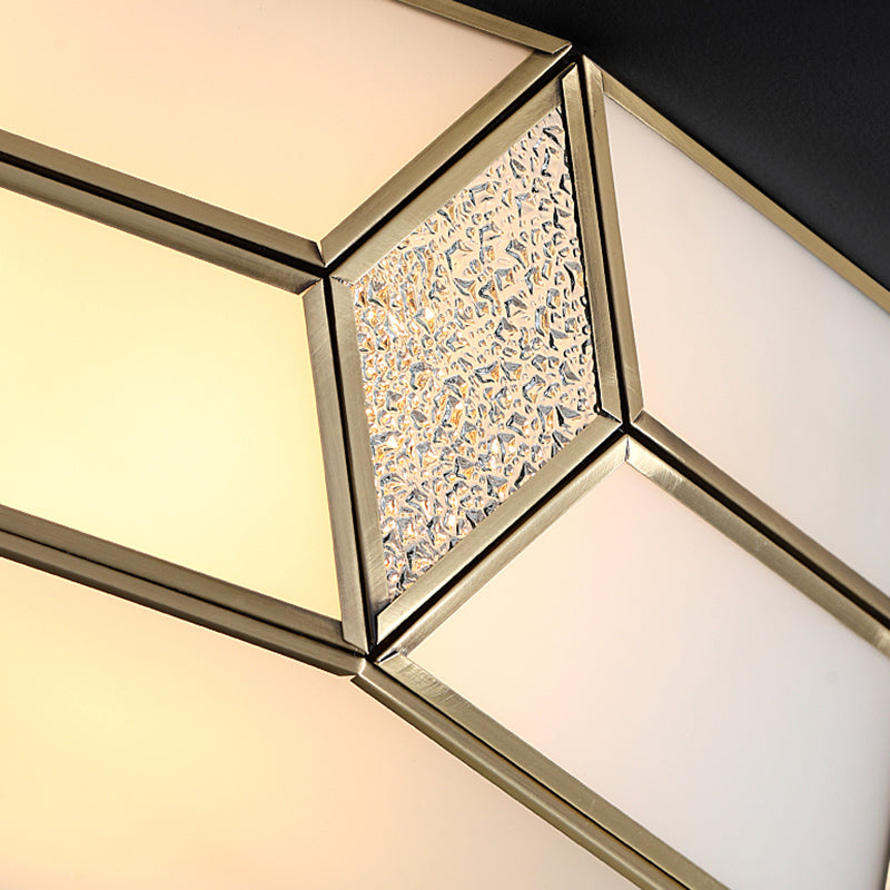 Octagon Bedroom Flush Light Fixture Minimalistic Textured White Glass Brass Ceiling Mount Light Clearhalo 'Ceiling Lights' 'Close To Ceiling Lights' 'Close to ceiling' 'Flush mount' Lighting' 2311294