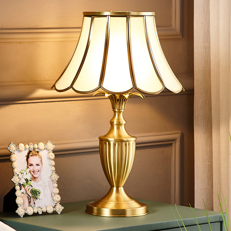 Brass Scalloped Night Table Lamp Colonial Style Opaque Glass Single Bedroom Nightstand Light Clearhalo 'Lamps' 'Table Lamps' Lighting' 2311314