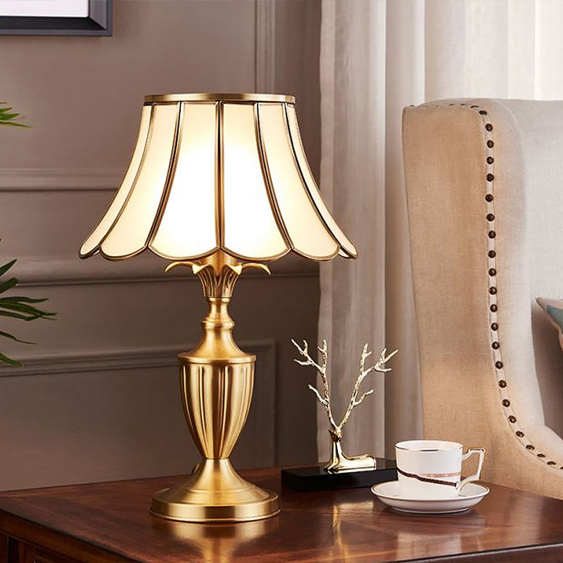 Brass Scalloped Night Table Lamp Colonial Style Opaque Glass Single Bedroom Nightstand Light Brass Lotus Clearhalo 'Lamps' 'Table Lamps' Lighting' 2311315
