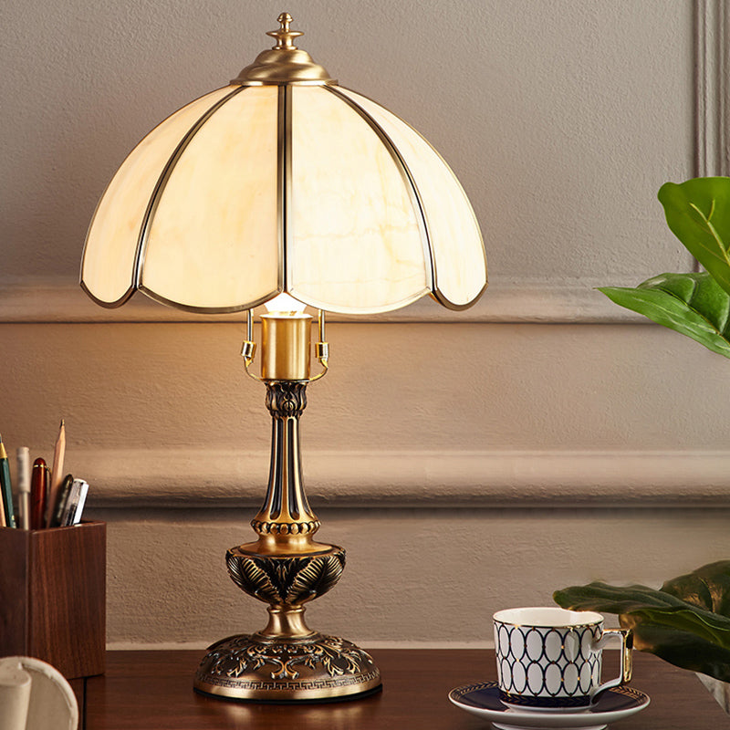 Brass Scalloped Night Table Lamp Colonial Style Opaque Glass Single Bedroom Nightstand Light Brass Semicircle Clearhalo 'Lamps' 'Table Lamps' Lighting' 2311316