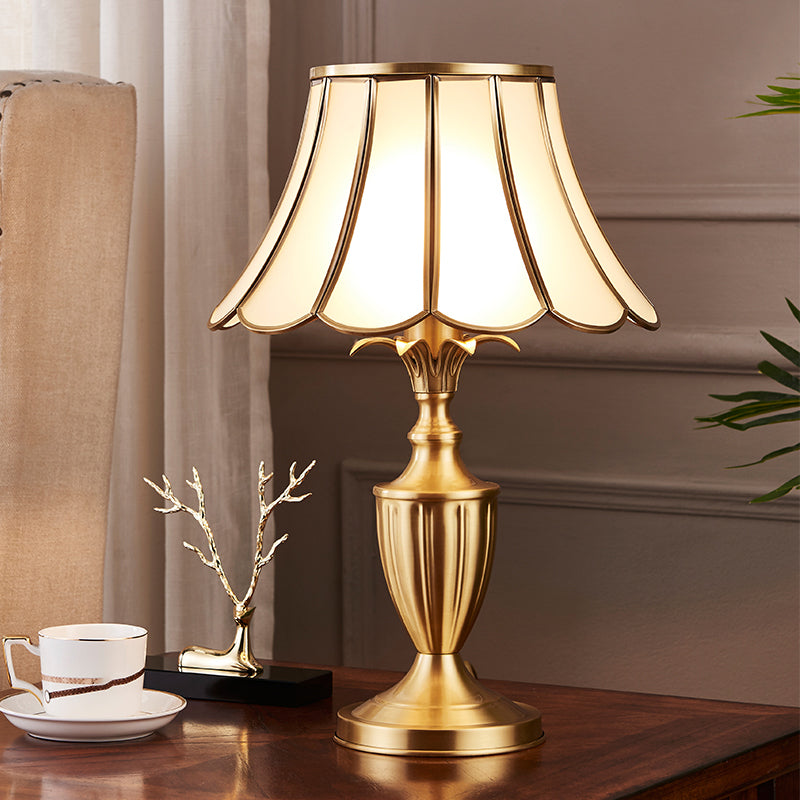 Brass Scalloped Night Table Lamp Colonial Style Opaque Glass Single Bedroom Nightstand Light Clearhalo 'Lamps' 'Table Lamps' Lighting' 2311317