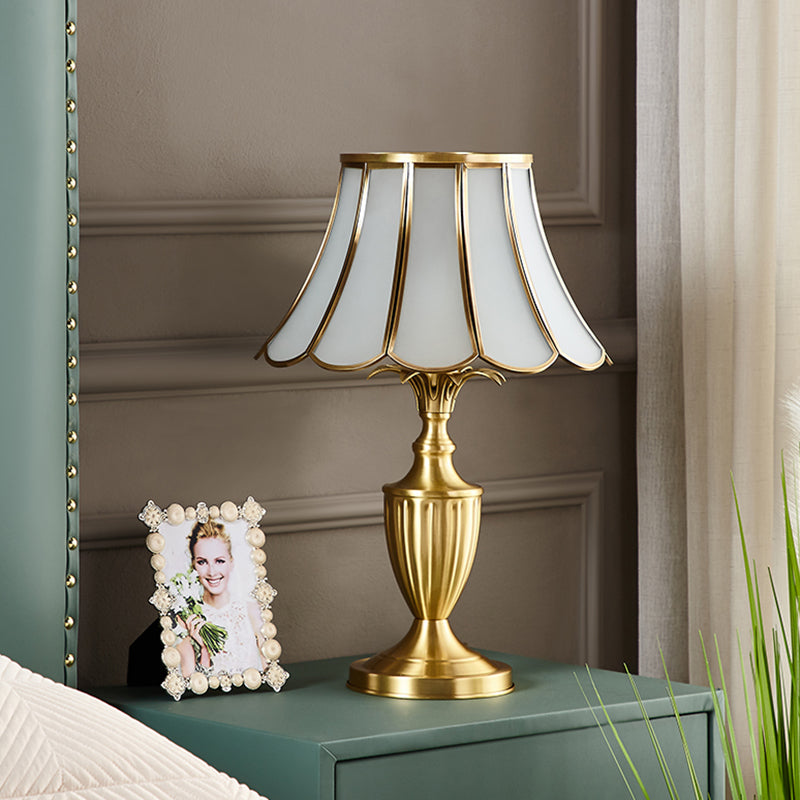 Brass Scalloped Night Table Lamp Colonial Style Opaque Glass Single Bedroom Nightstand Light Clearhalo 'Lamps' 'Table Lamps' Lighting' 2311319