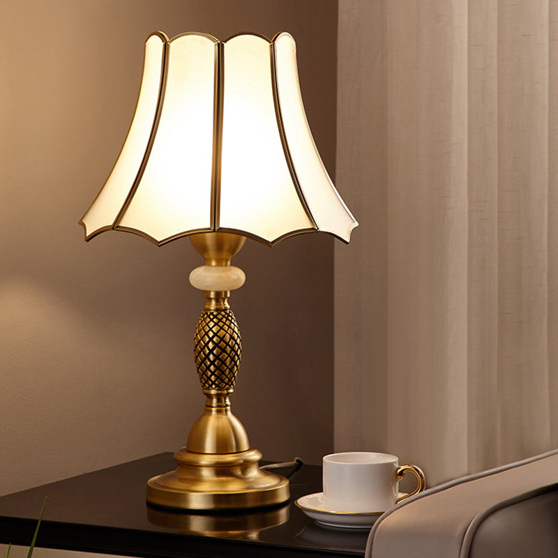 Brass Scalloped Night Table Lamp Colonial Style Opaque Glass Single Bedroom Nightstand Light Brass Rhombus Clearhalo 'Lamps' 'Table Lamps' Lighting' 2311320