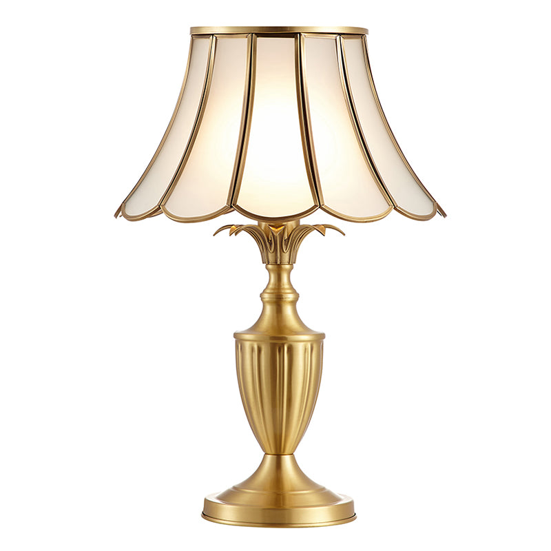 Brass Scalloped Night Table Lamp Colonial Style Opaque Glass Single Bedroom Nightstand Light Clearhalo 'Lamps' 'Table Lamps' Lighting' 2311323