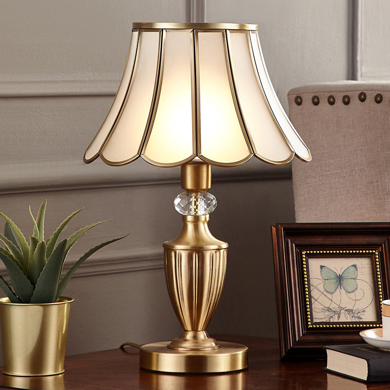 Brass Scalloped Night Table Lamp Colonial Style Opaque Glass Single Bedroom Nightstand Light Brass Crystal Prism Clearhalo 'Lamps' 'Table Lamps' Lighting' 2311324
