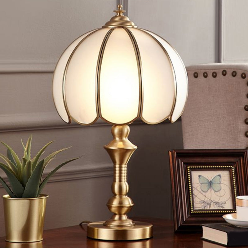 Brass Scalloped Night Table Lamp Colonial Style Opaque Glass Single Bedroom Nightstand Light Brass Football Shape Clearhalo 'Lamps' 'Table Lamps' Lighting' 2311325