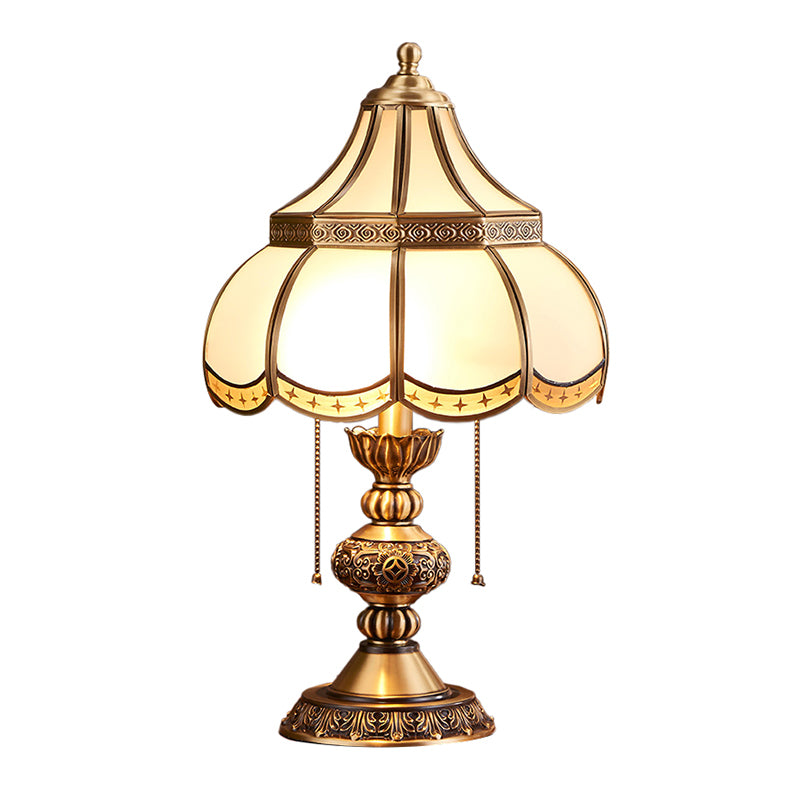 Brass Scalloped Night Table Lamp Colonial Style Opaque Glass Single Bedroom Nightstand Light Brass Tower Clearhalo 'Lamps' 'Table Lamps' Lighting' 2311327