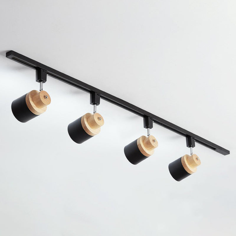 Nordic Cylindrical Flush Mount Spotlight Metal Bedroom Semi Flush Track Light with Wood Deco 4 Black Clearhalo 'Ceiling Lights' 'Close To Ceiling Lights' 'Close to ceiling' 'Semi-flushmount' Lighting' 2311463