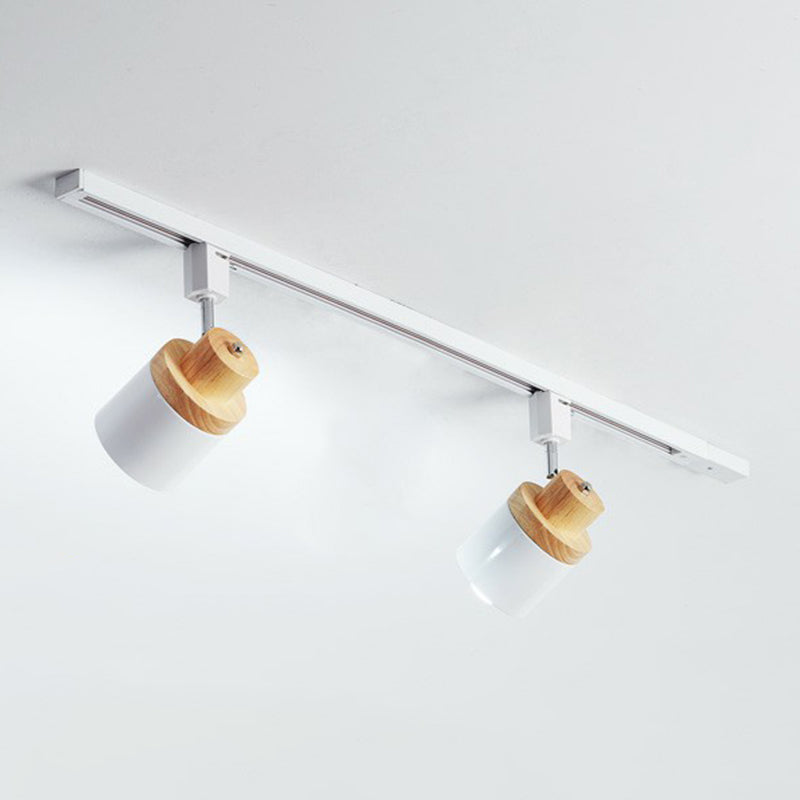 Nordic Cylindrical Flush Mount Spotlight Metal Bedroom Semi Flush Track Light with Wood Deco 2 White Clearhalo 'Ceiling Lights' 'Close To Ceiling Lights' 'Close to ceiling' 'Semi-flushmount' Lighting' 2311469