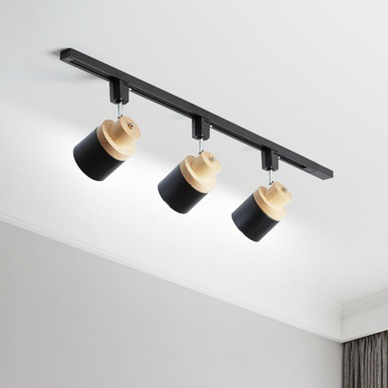 Nordic Cylindrical Flush Mount Spotlight Metal Bedroom Semi Flush Track Light with Wood Deco Clearhalo 'Ceiling Lights' 'Close To Ceiling Lights' 'Close to ceiling' 'Semi-flushmount' Lighting' 2311470