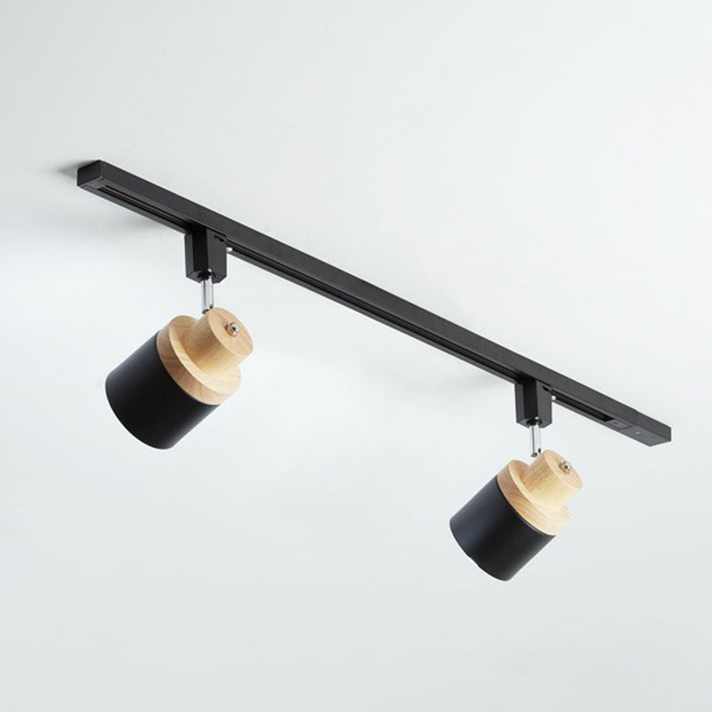 Nordic Cylindrical Flush Mount Spotlight Metal Bedroom Semi Flush Track Light with Wood Deco 2 Black Clearhalo 'Ceiling Lights' 'Close To Ceiling Lights' 'Close to ceiling' 'Semi-flushmount' Lighting' 2311471
